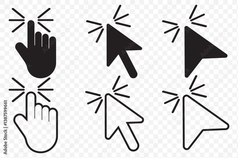 Aufkleber Black Pointer cursor computer mouse icon set. Finger cursor, arrow click sign. Vector illustration. Hand Cursor icons. Click Cursor icons. Pointer cursor сomputer mouse icon on Transparent Background.