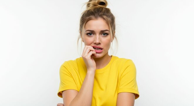Young woman displaying anxious emotion with hand to mouth and concerned expression