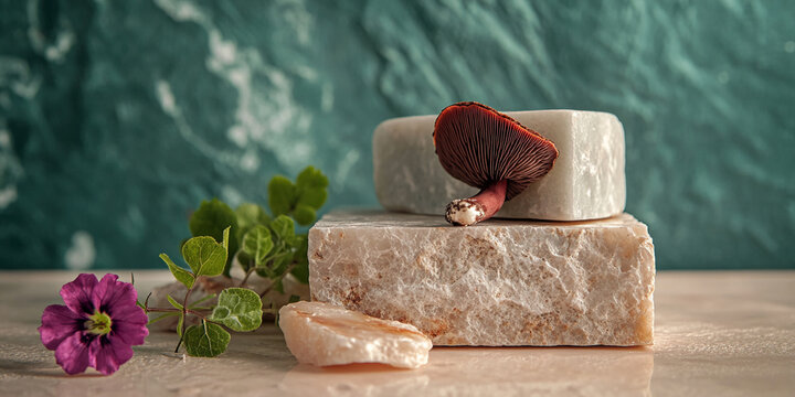 Mushroom on light stone blocks with flower and leaves against teal background Showcase, product display, nature scene, minimalist composition