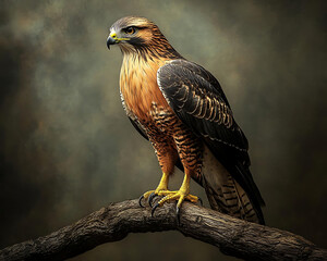 Fototapeta premium Lifelike image of hawk perched on branch, showcasing its majestic features and vibrant colors