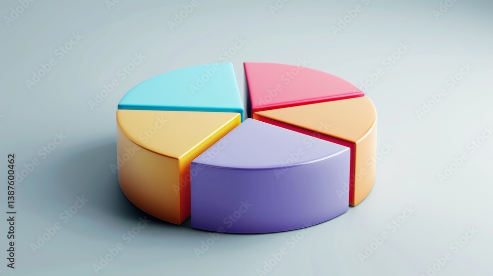 Poster clean d pie chart with five distinct parts, soft gradient colors, and a minimalist gray background