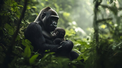 Naklejka premium tender moment between gorilla and its baby in lush green forest, showcasing love and connection