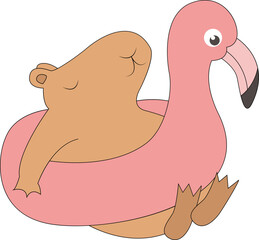 Relaxed capybara with flamingo swim ring 