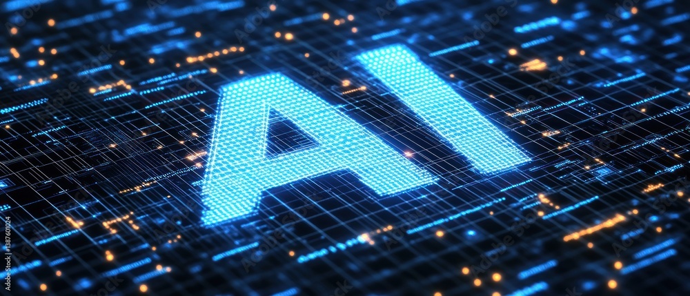 Poster illuminated ai text surrounded by digital data patterns
