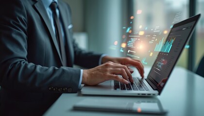 Business pro works laptop office. Charts graphics data analysis on screen. Man in suit works online, analytics, statistics, research. Modern tech. Project management, internet, cyberspace.