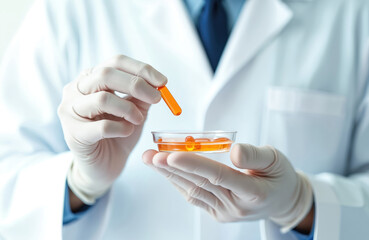 Scientist in lab coat holds capsule gel in petri dish. Medical professional, lab worker conducts pharmaceutical research. Pills, omega 3 vitamin, health supplements, drug discovery.