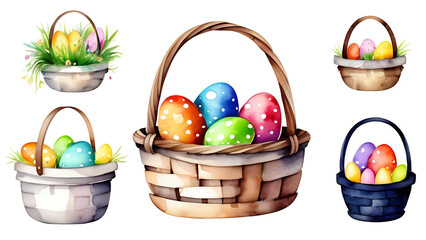Colorful Easter Eggs in Baskets Watercolor Illustration for Holiday Celebration