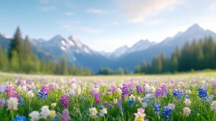 A vibrant field of wildflowers, predominantly purple, pink, and white, stretches to a mountain range. The mountains are softly focused, creating depth. The image is high-quality, with bright, natural
