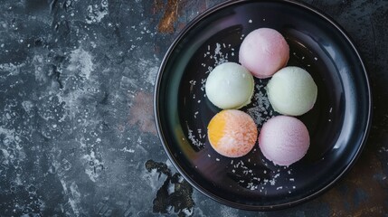Top view of Japanese mochi ice cream in pastel tones lined on a chilled black plate