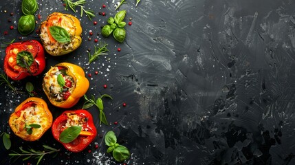 Fototapeta premium Top view of stuffed bell peppers with rice and veggies, topped with melted cheese and herbs