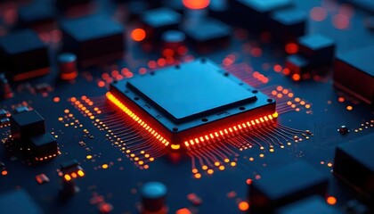 Futuristic Glowing Microchip on a Circuit Board – Close-up Technology Background