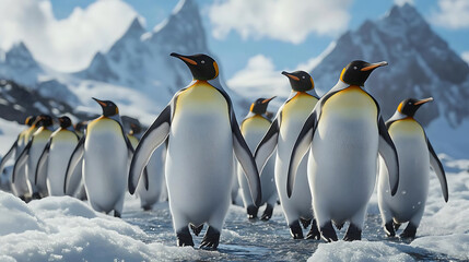 Obraz premium Photorealistic king penguins walking snow with mountains background, showcasing nature beauty