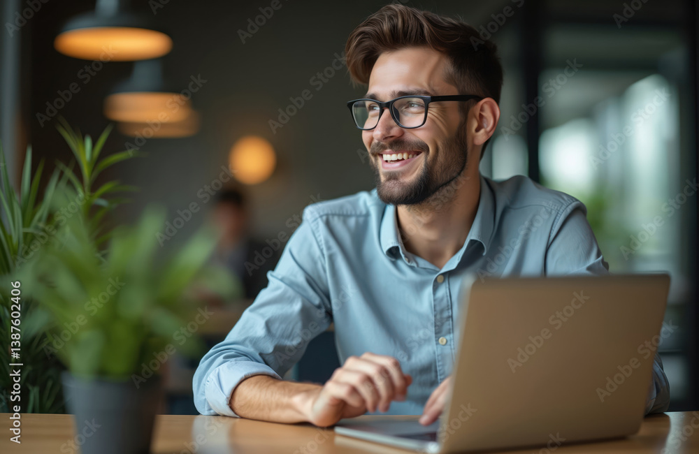 Poster happy young businessman with eyeglasses smiles working online on laptop in office. attractive man, m