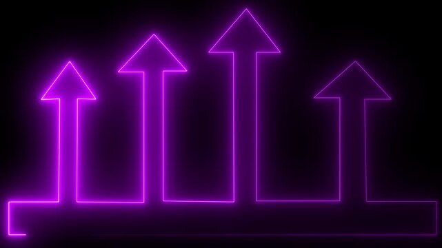 Neon up arrow concept and business graph icon. Neon glowing Financial business graph icon animation. on with black, background  Neon arrows pointing upwards, representing growth and success...