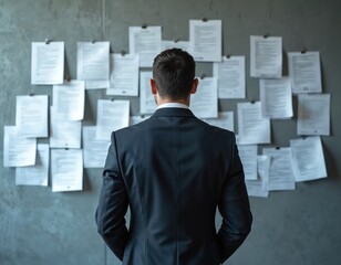 Business person analyzes job listings, facing job search. Man reviews resume applications on wall. Employment search, career challenges, opportunities. Concept of effort, solutions, career transition