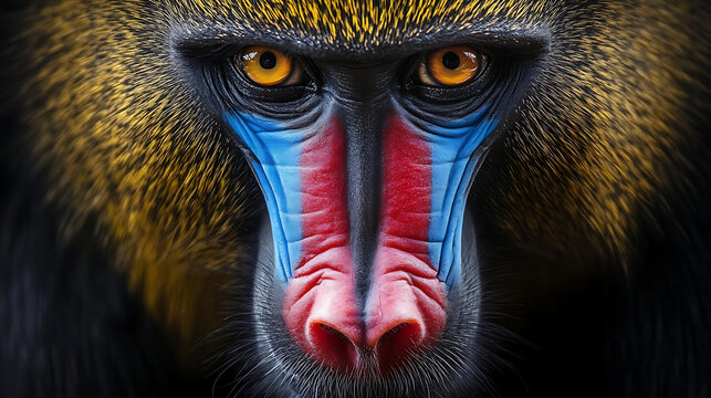 Majestic mandrill portrait with vibrant colors and intense gaze, showcasing its unique features