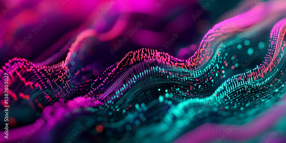 Poster abstract image of flowing, luminous teal and pink particles, creating a dynamic wave-like pattern. r