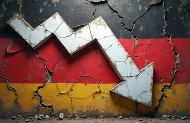 Germany flag on destroyed wall, with down arrow. Economic crisis, financial market collapse concept. GDP decline, business losses, recession, falling markets. Economic downturn. Germany finance