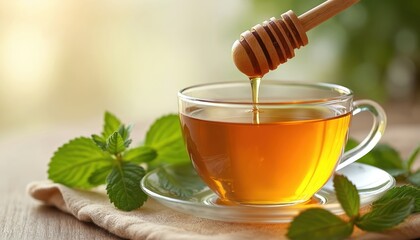 Cup hot herbal tea with honey. Honey flows from dipper into glass cup on saucer. Tea with fresh mint leaves on table. Healthy drink, natural medicine, relax concept.