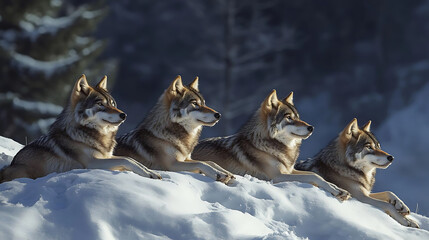 Resting pack of wolves on snow, showcasing their majestic beauty and calm demeanor