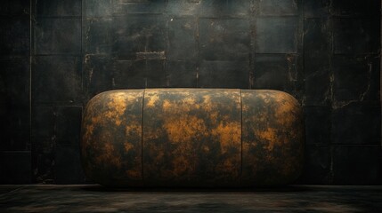 Industrial-style pill-shaped object, against a dark stone backdrop.  Dimly lit, dramatic mood