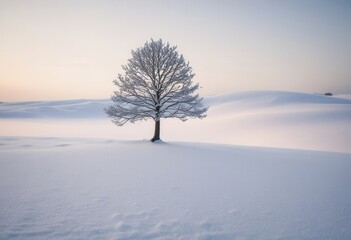 Solitary tree in serene snowy landscape at sunrise