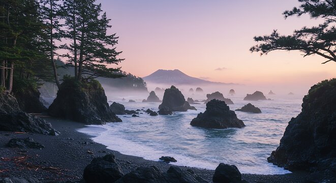 Coastal Landscape with Rock Formations and Mountain at Twilight
