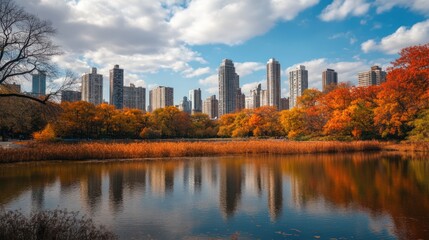 Obraz premium Urban Serenity: Autumn Foliage and City Skyline Reflected in a Tranquil Lake