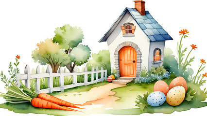 Watercolor Easter Bunny House with Carrots and Decorated Easter Eggs