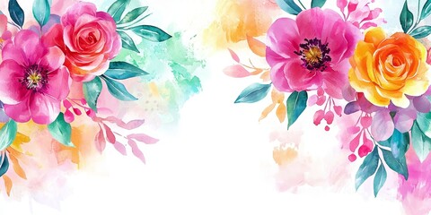 Vibrant Watercolor Floral Composition Pink, Orange Roses and Anemone, Soft Background, Floral Design, Wedding Invitation Floral Watercolor, Botanical Painting