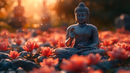 Buddha statue meditation in lotus flower garden peaceful zen buddhism spiritual art wallpaper background image