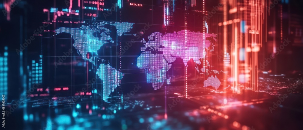 Poster abstract digital world map with vibrant data streams and glowing lines