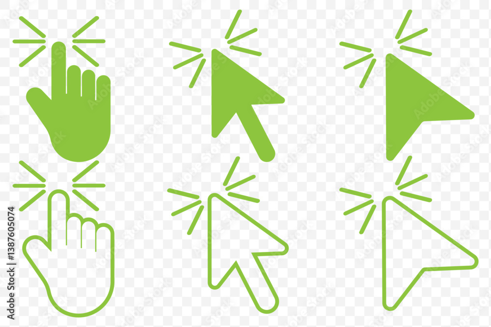 Poster green click icon. pointer cursor computer mouse icon collection. clicking the cursor. hand clicks. p
