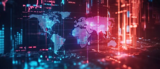 Obraz premium Abstract digital world map with vibrant data streams and glowing lines