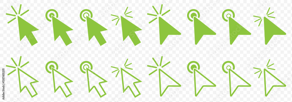 Poster green click icon. pointer cursor computer mouse icon collection. clicking the cursor. hand clicks. p