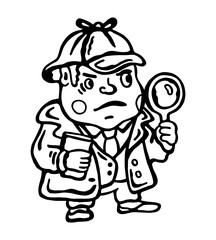 
Vector black and white illustration of a meticulous detective with a magnifying glass on a white isolated background
