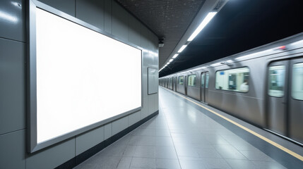 modern subway station featuring blank advertising space and moving train in background, creating sense of motion and urban life