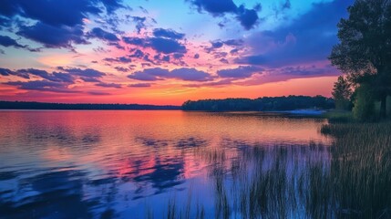 Fototapeta premium Picturesque lake reflecting twilight skies with vibrant colors and nature's tranquil allure