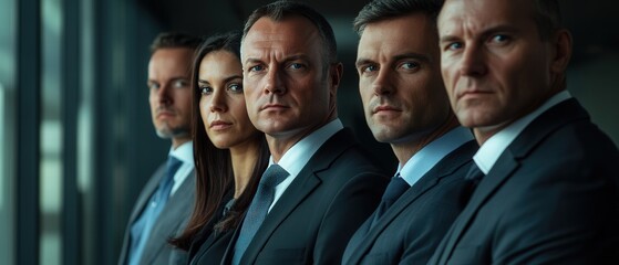 Obraz premium A group of men in suits stand in front of a window. They are all wearing ties and appear to be professional