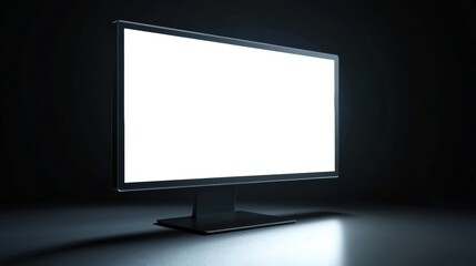 Fototapeta premium Sleek desktop monitor displaying bright white screen in a minimalistic professional workspace with soft shadows and clean design aesthetics