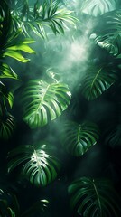 
Lush Green Leaves Phone Wallpaper Dramatic Lighting Mist for a Serene Tropical Jungle Ambiance HD Mobile Background