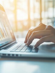 Person typing on a laptop while analyzing data charts in a bright, modern office setting