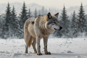 Fototapeta premium Wolf Standing in Winter Forest Landscape with Snow Covered Ground