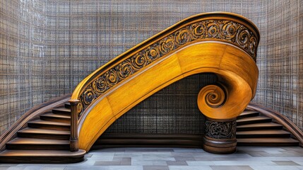 A cascading spiral staircase in a grand historical mansion, decorated with gold accents