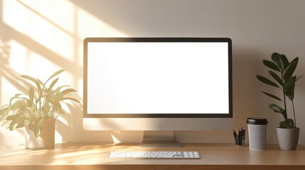Fototapeta premium Sleek desktop monitor displaying bright white screen on minimalistic workspace with soft shadows and plants in a professional setting