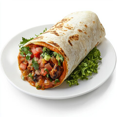 delicious burrito wrapped in soft tortilla, filled with fresh vegetables and herbs, served on white plate with lettuce
