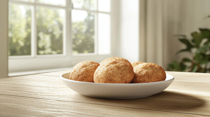 Delicious Snickerdoodle cookies white plate, beautifully arranged wooden table, with natural light streaming through window, creating warm