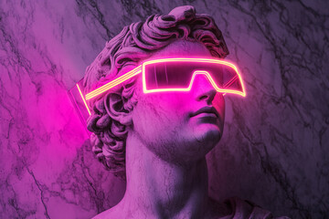 Classical bust wearing neon pink sunglasses against a purple marble background, showcasing a blend of antiquity and modern technology, ideal for art, design, or futuristic concepts