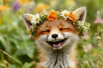 Obraz premium Summer happiness. Cute baby animal fox wearing feral flower wreath on its head. Sunny daylight. Wild animal with flower wreath. Free-spirited animal in nature. Animal with floral elegance.