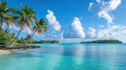 Naklejka premium Idyllic tropical paradise with turquoise waters and swaying palm trees